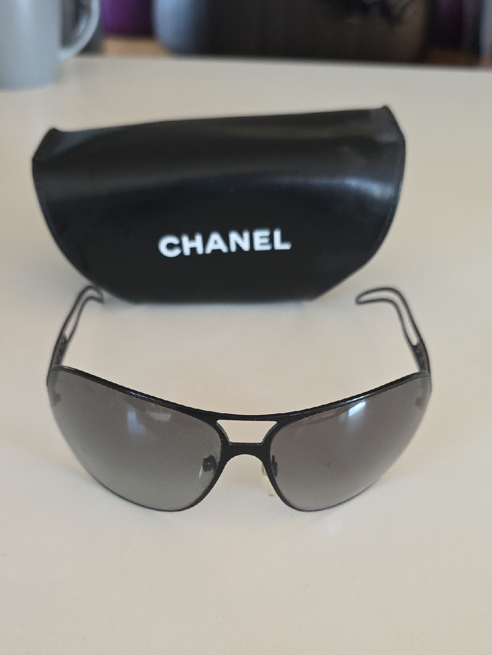 CHANEL Black Shield Sunglasses with Gray Gradient Lenses